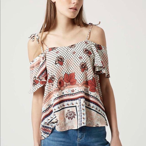 Topshop Tops - TOPSHOP scarf print tie strap cold shoulder top